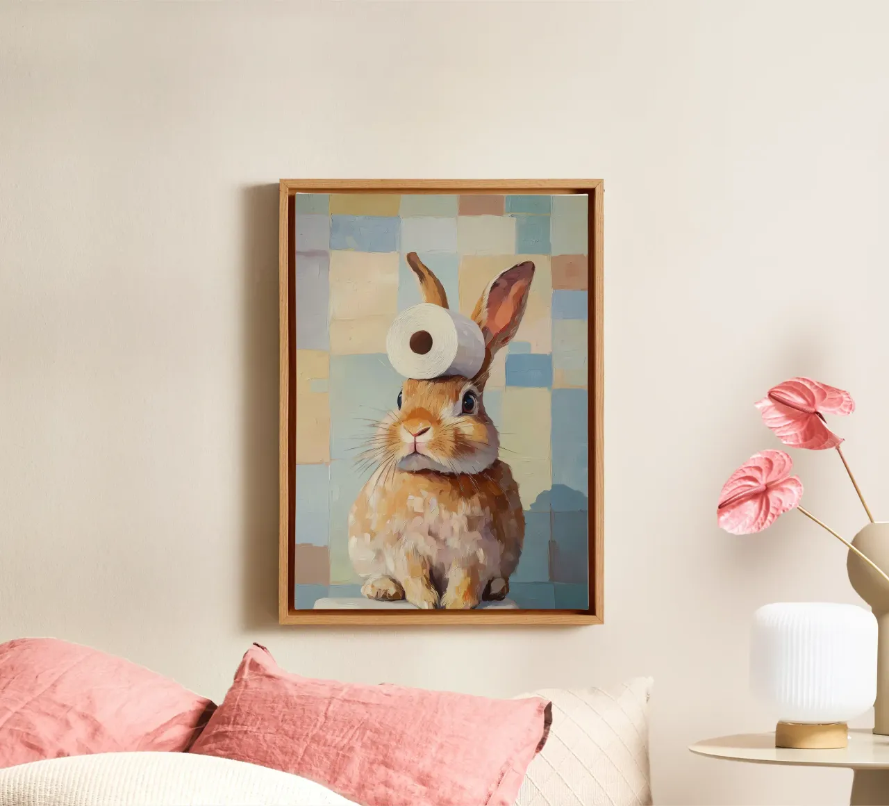 Konijntje met wc-papier canvas van Adrian Patel