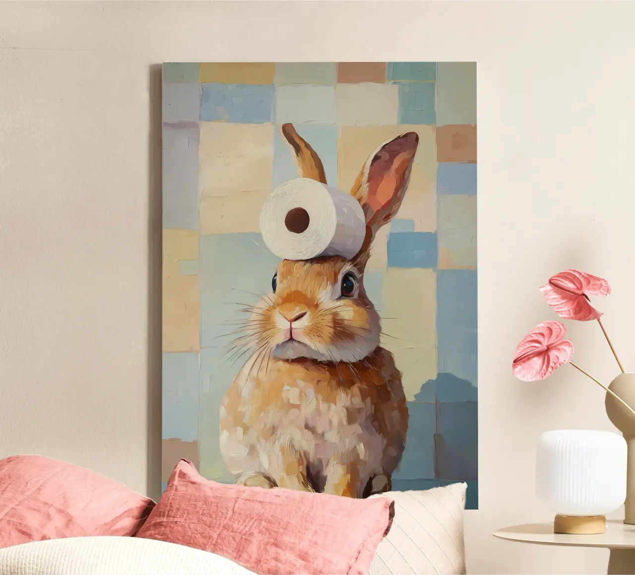 Konijntje met wc-papier canvas van Adrian Patel
