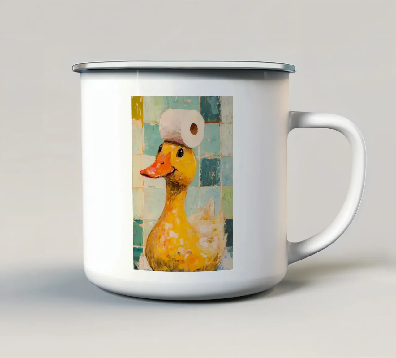 Anatra con cappello di carta igienica tazza in smalto da Adrian Patel