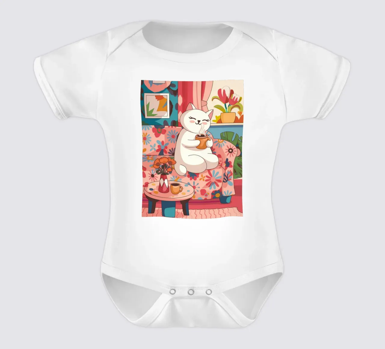 Relaxing Feline Tea short-sleeve baby romper by Nebula Verse