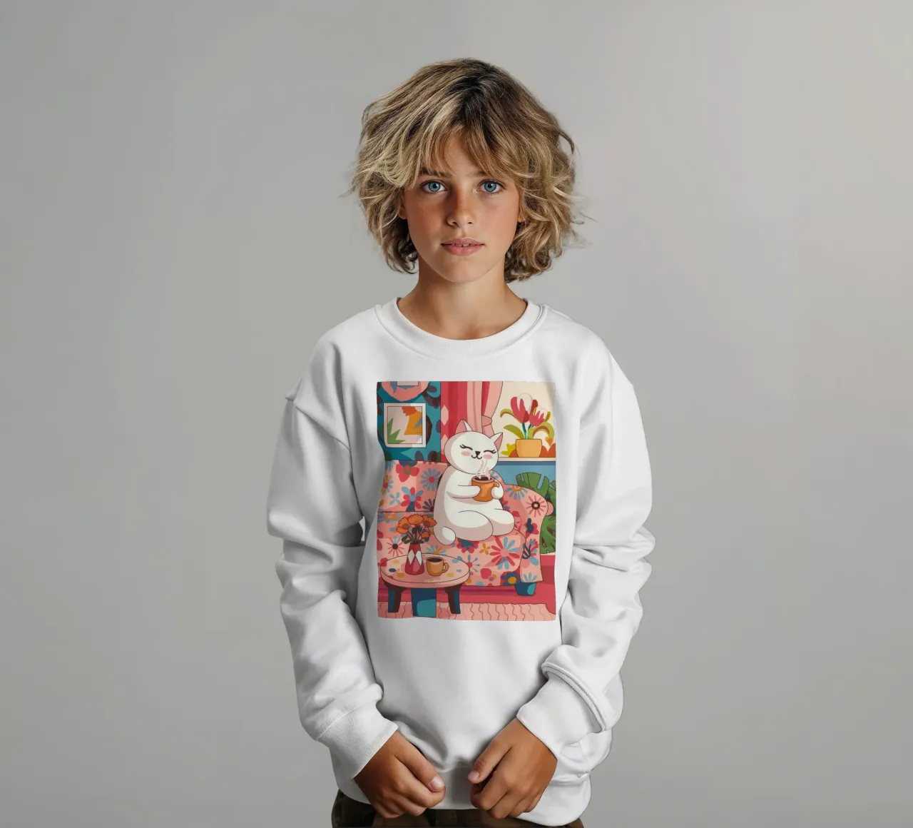 Relaxing Feline Tea kids sweatshirt by Nebula Verse