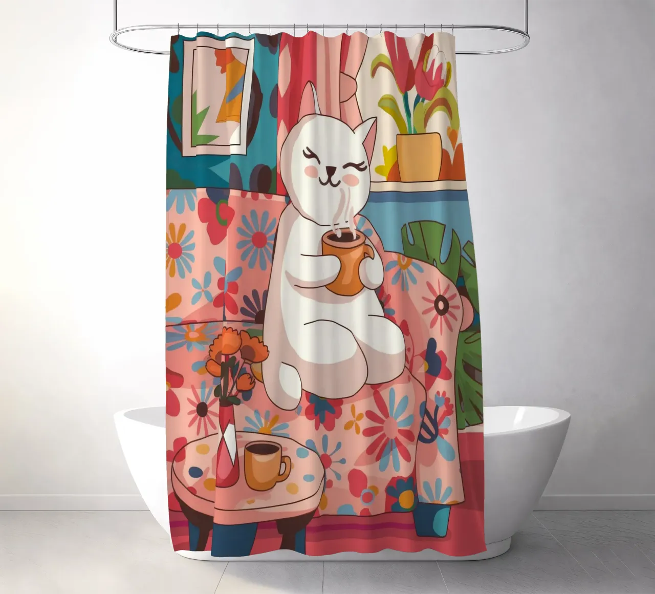 Relaxing Feline Tea shower curtain by Nebula Verse