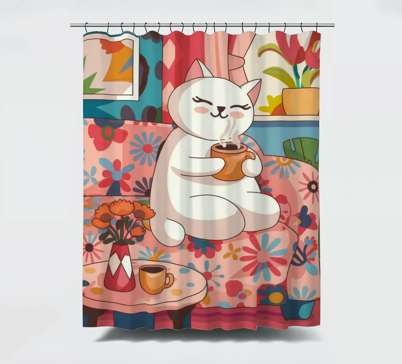 Relaxing Feline Tea shower curtain by Nebula Verse