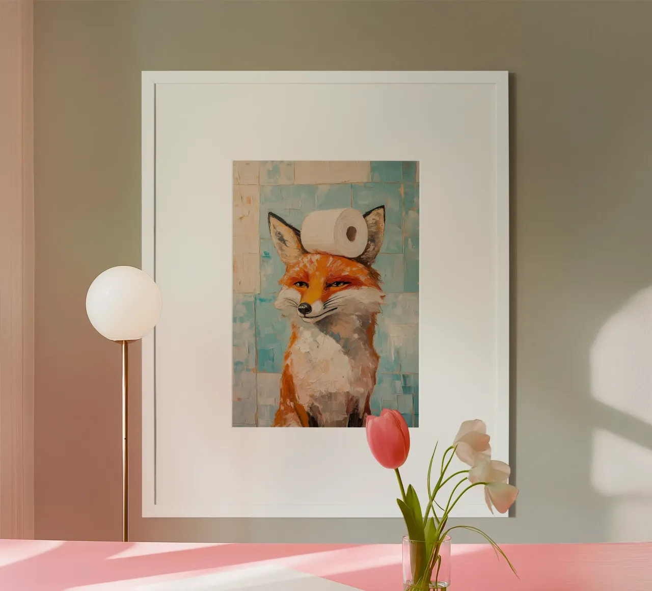 Volpe con carta igienica poster con telaio in legno da Adrian Patel