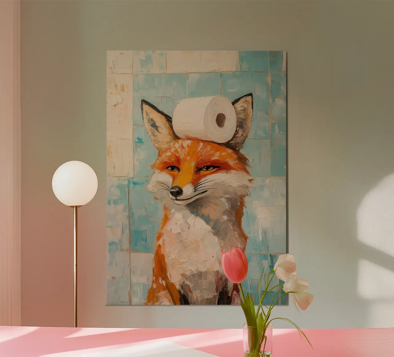 Volpe con carta igienica poster con telaio in legno da Adrian Patel