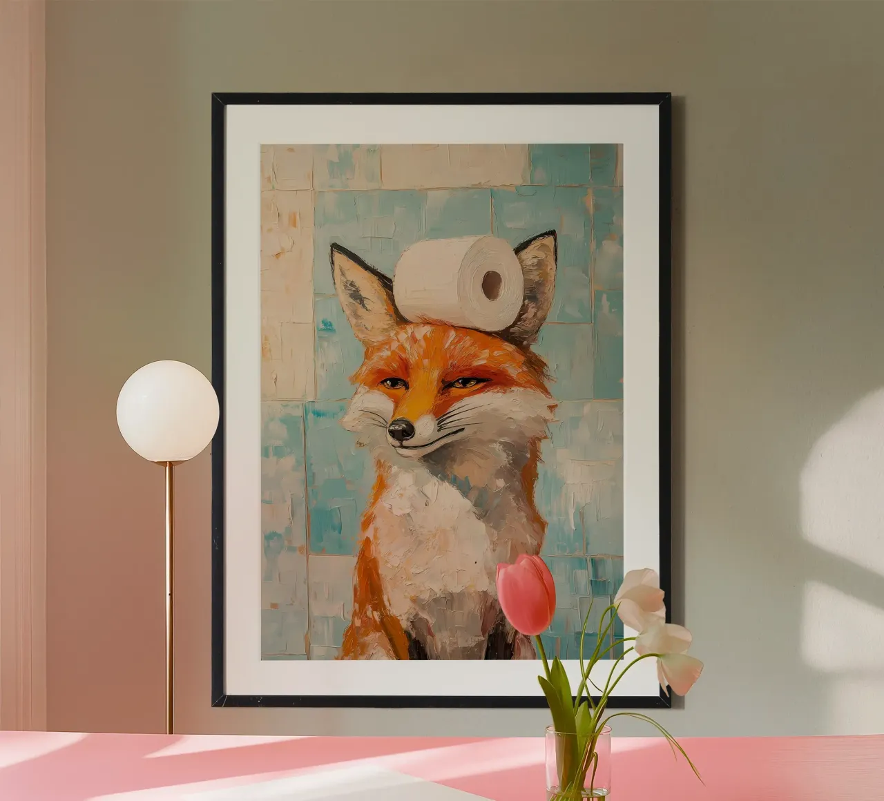 Volpe con carta igienica poster con telaio in legno da Adrian Patel