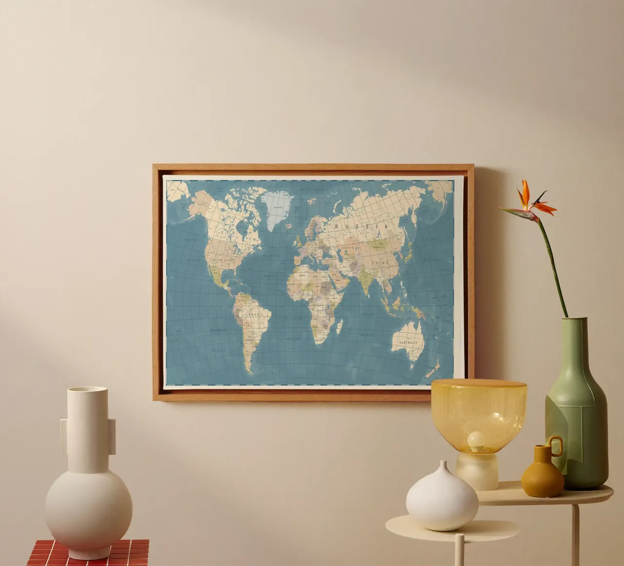 Mappa del mondo vintage tela con Cornice a cassetta da Aiden Garcia