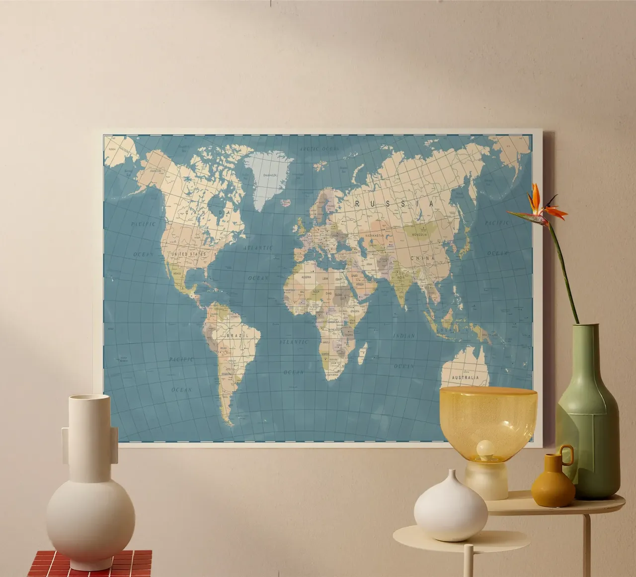 Mappa del mondo vintage tela con Cornice a cassetta da Aiden Garcia