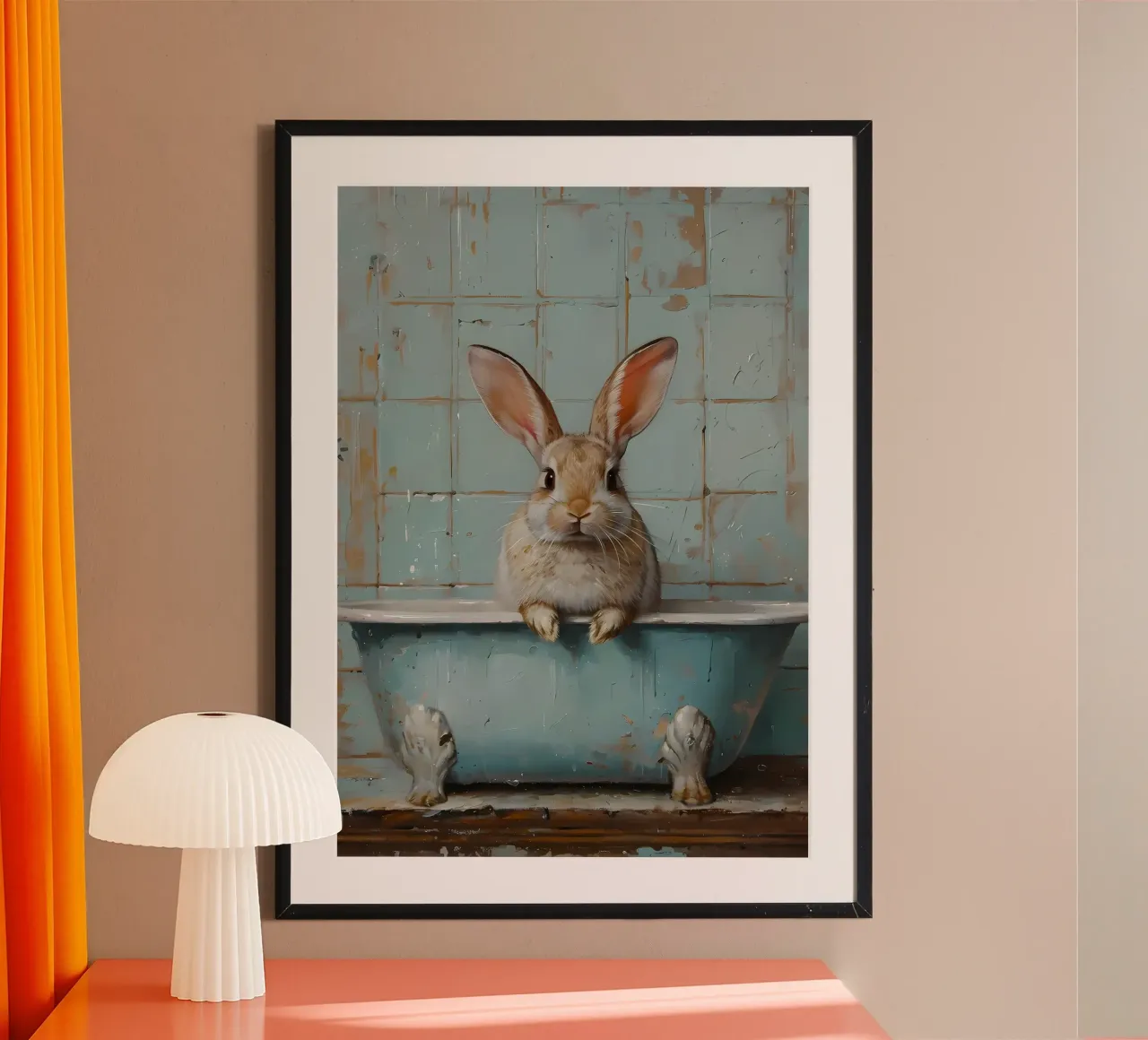 Coniglio nella vasca da bagno Arte del bagno poster con telaio in plastica da Adrian Patel