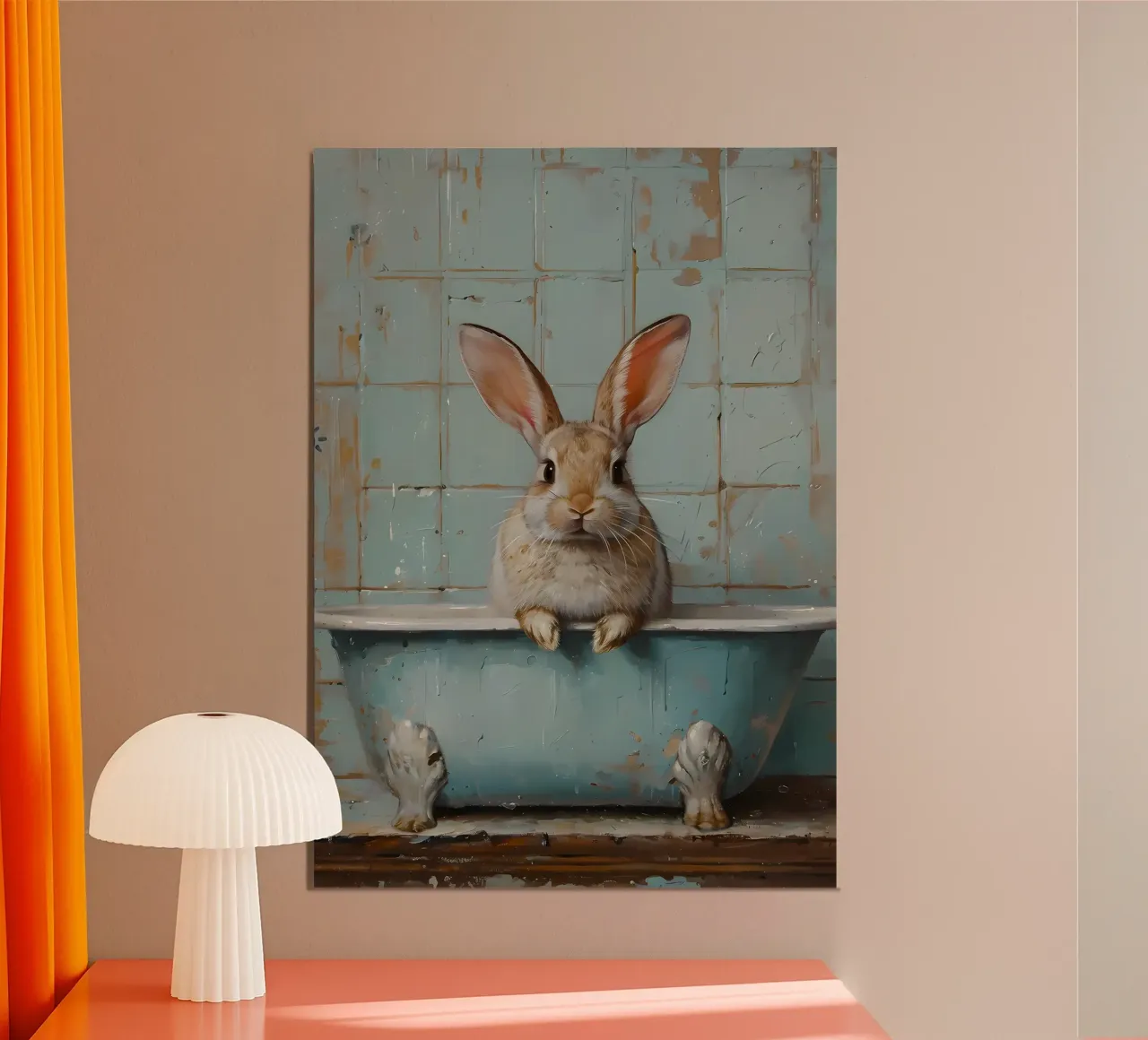Coniglio nella vasca da bagno Arte del bagno poster con telaio in plastica da Adrian Patel