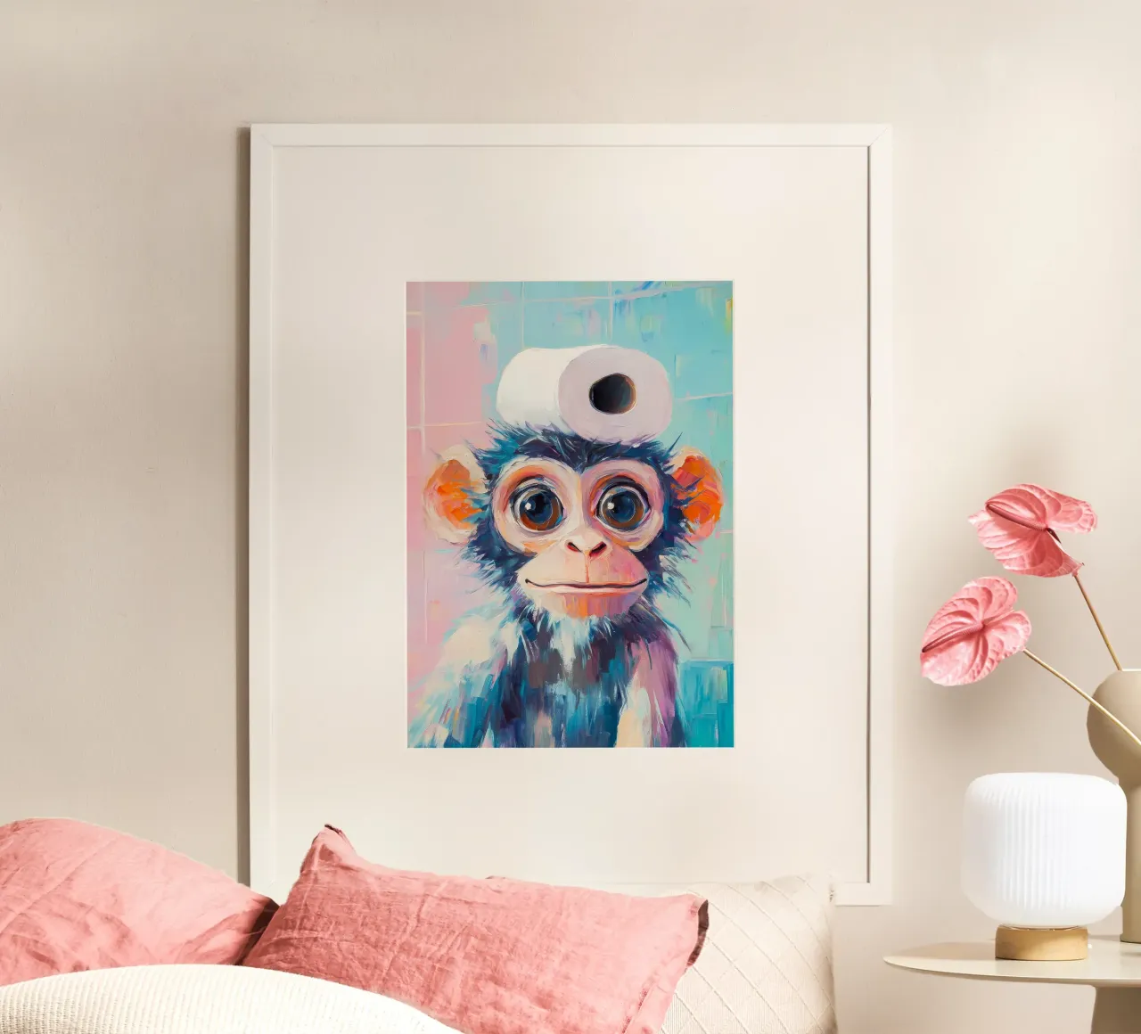 Scimmia con cappello di carta igienica poster con telaio in legno da Adrian Patel