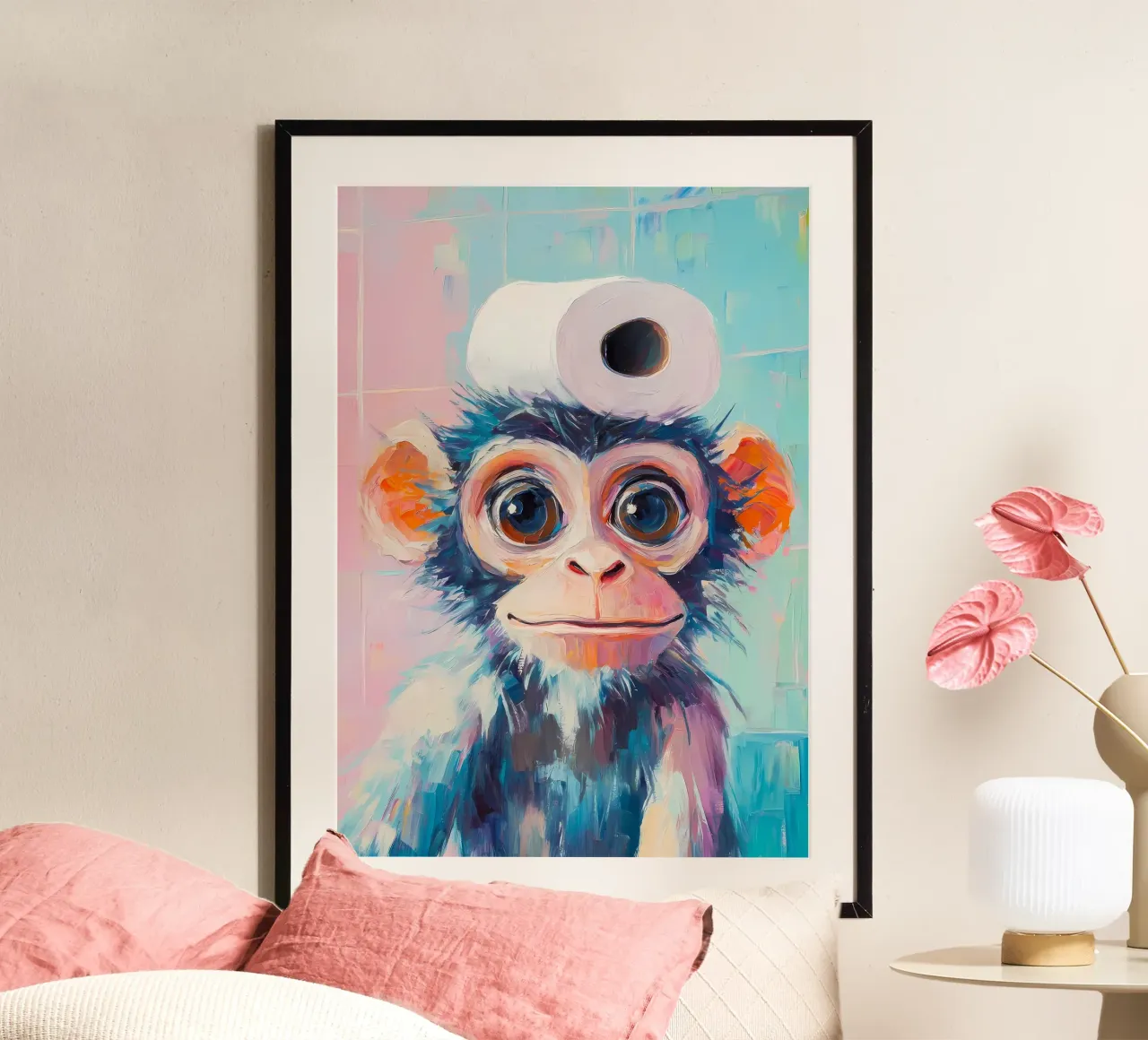 Scimmia con cappello di carta igienica poster con telaio in legno da Adrian Patel
