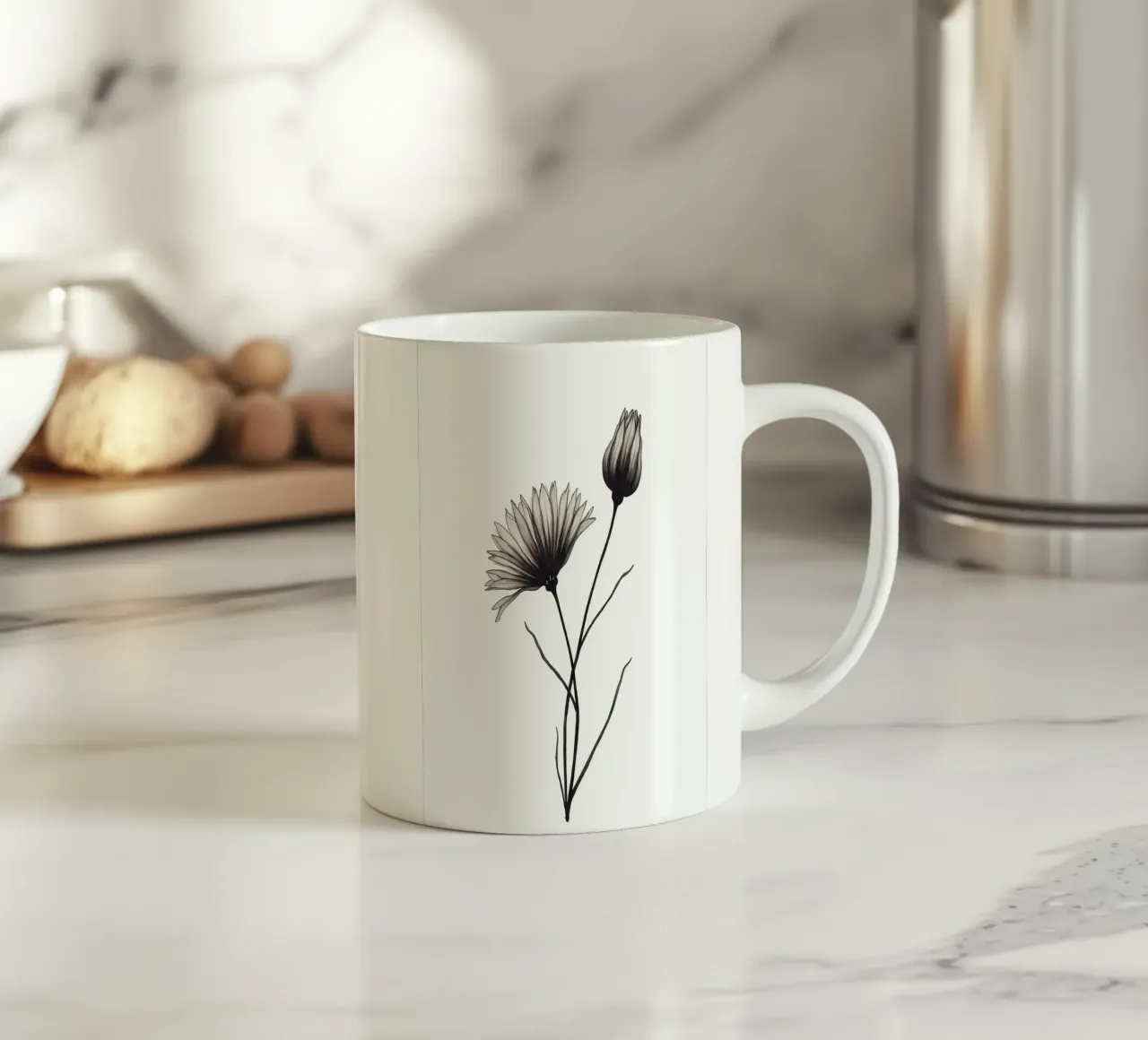 Illustrazione di fiori in bianco e nero tazza in ceramica da Nicholas Campbell