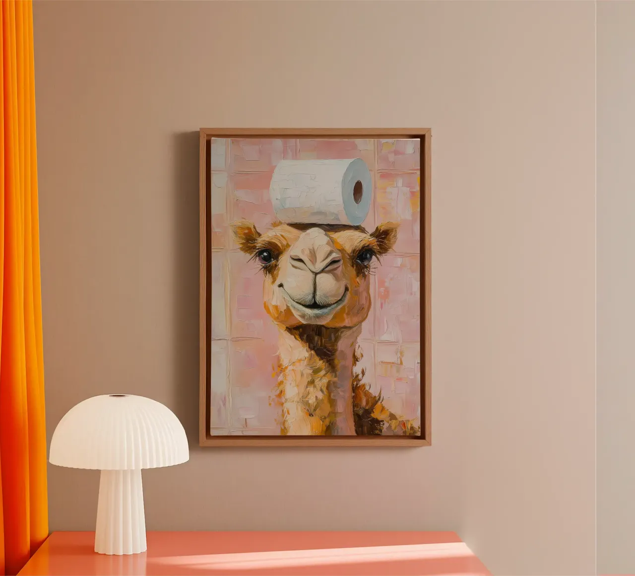 Camel with Toilet Paper canvas with Floater frame by Adrian Patel