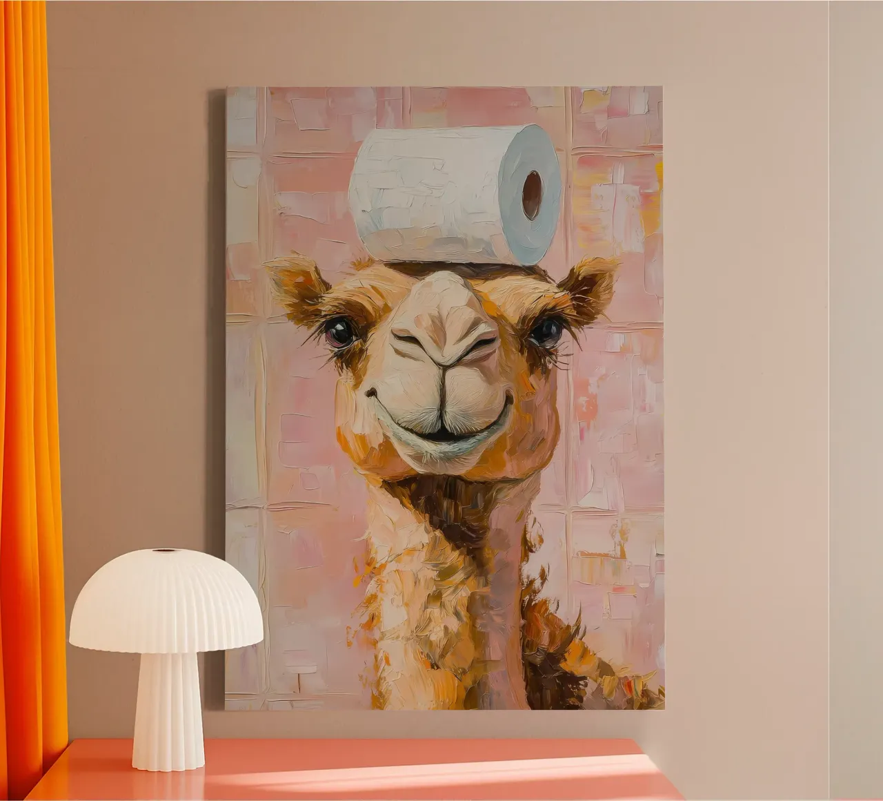 Camel with Toilet Paper canvas with Floater frame by Adrian Patel