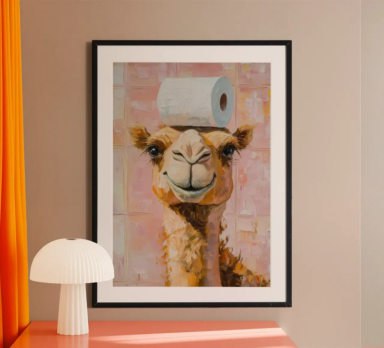 Cammello con carta igienica poster con telaio in alluminio da Adrian Patel