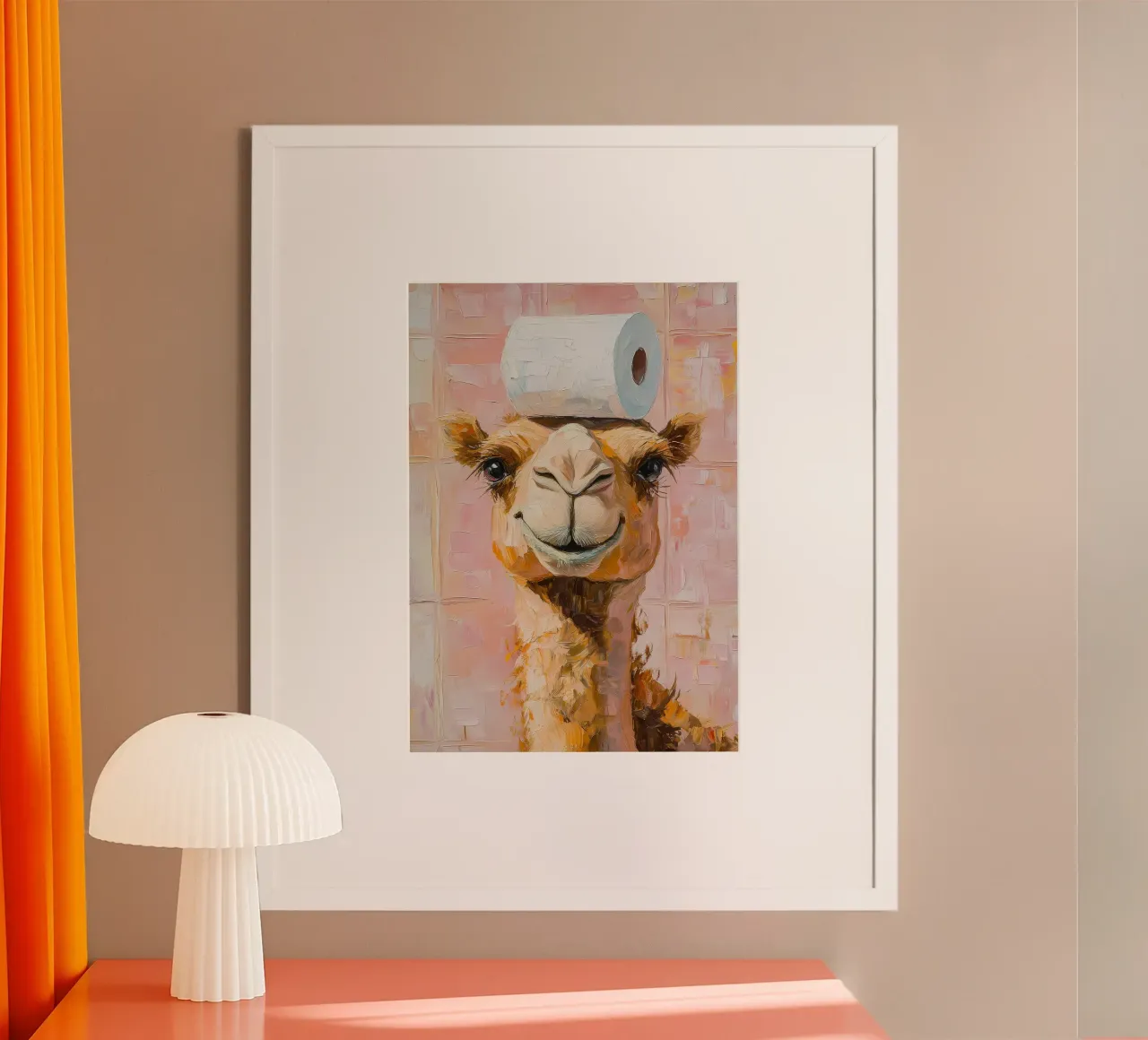 Cammello con carta igienica poster con telaio in alluminio da Adrian Patel