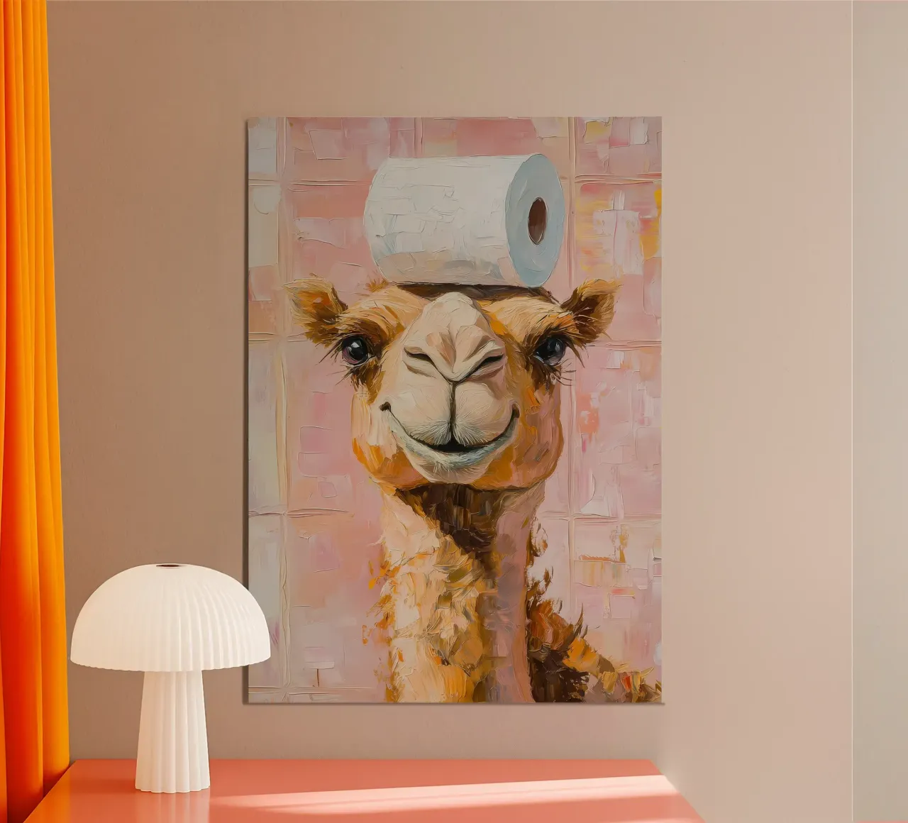Cammello con carta igienica poster con telaio in alluminio da Adrian Patel