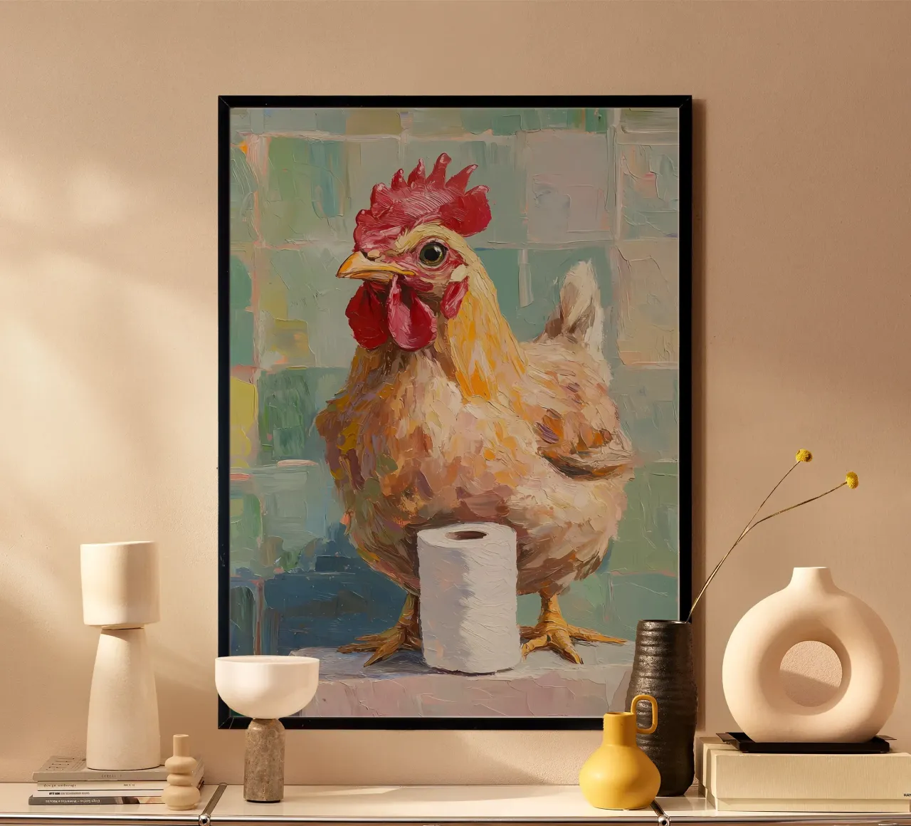 Pollo e carta igienica poster con telaio in legno da Adrian Patel