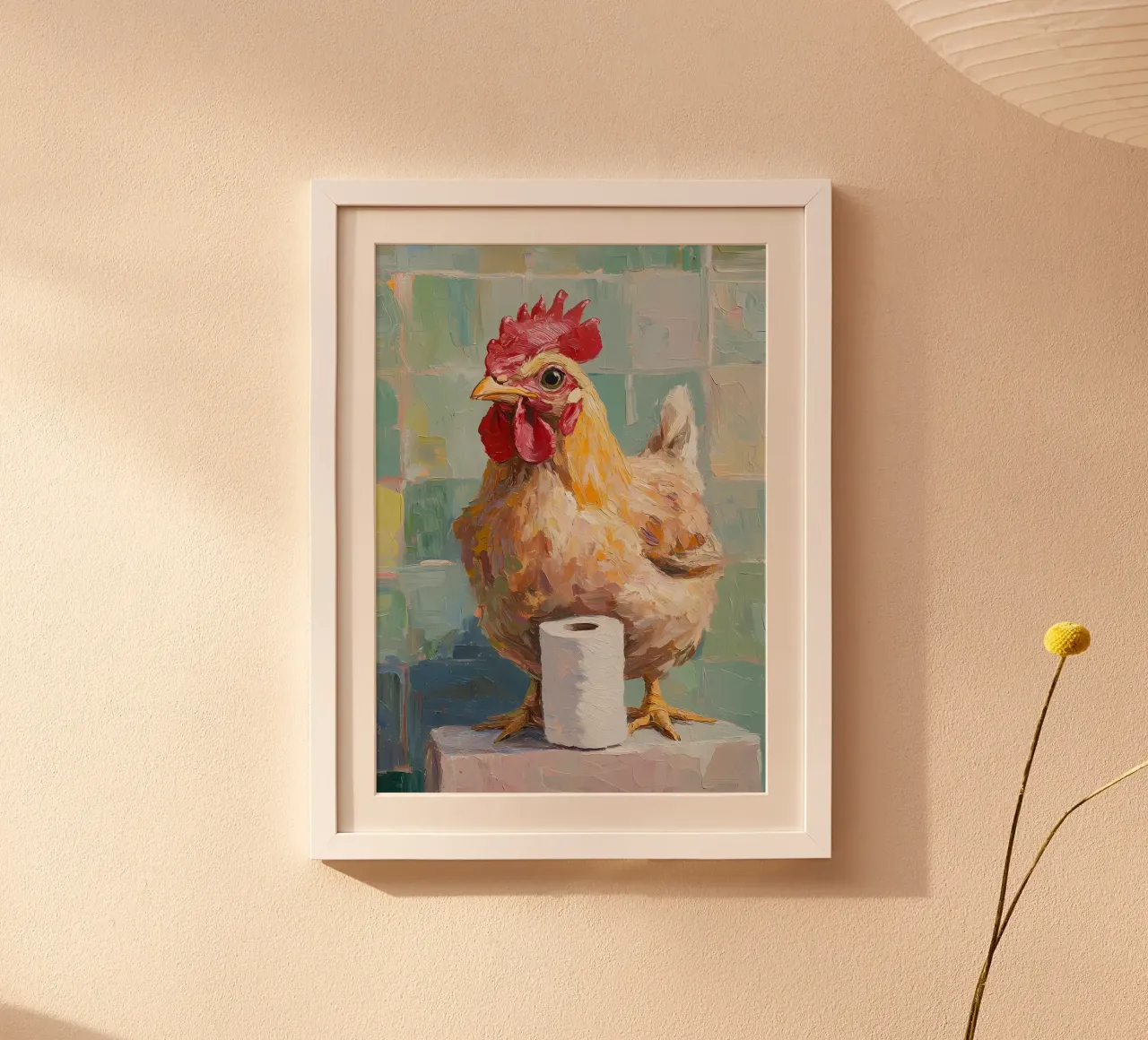Pollo e carta igienica poster con telaio in legno da Adrian Patel