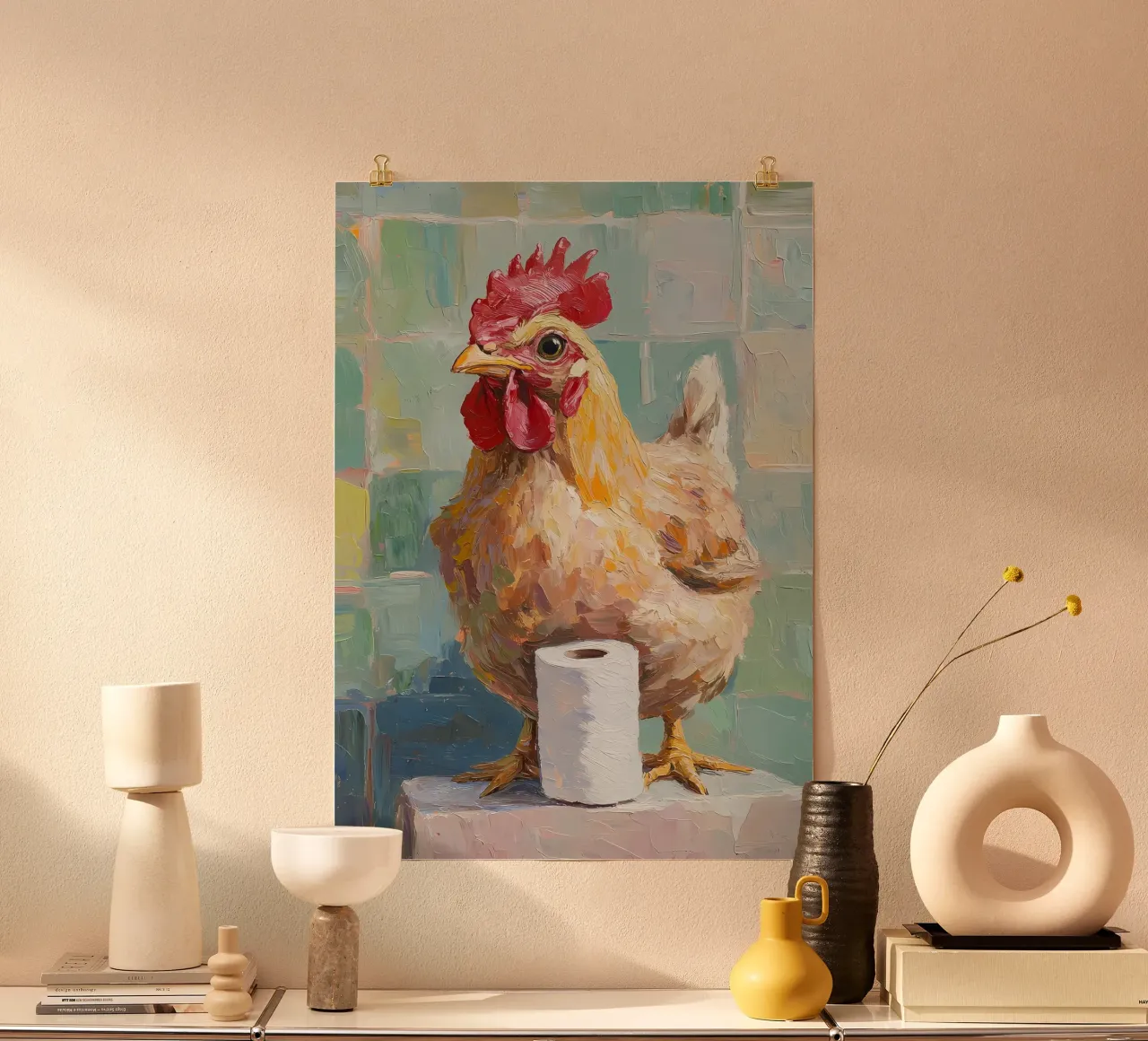 Pollo e carta igienica poster con telaio in legno da Adrian Patel