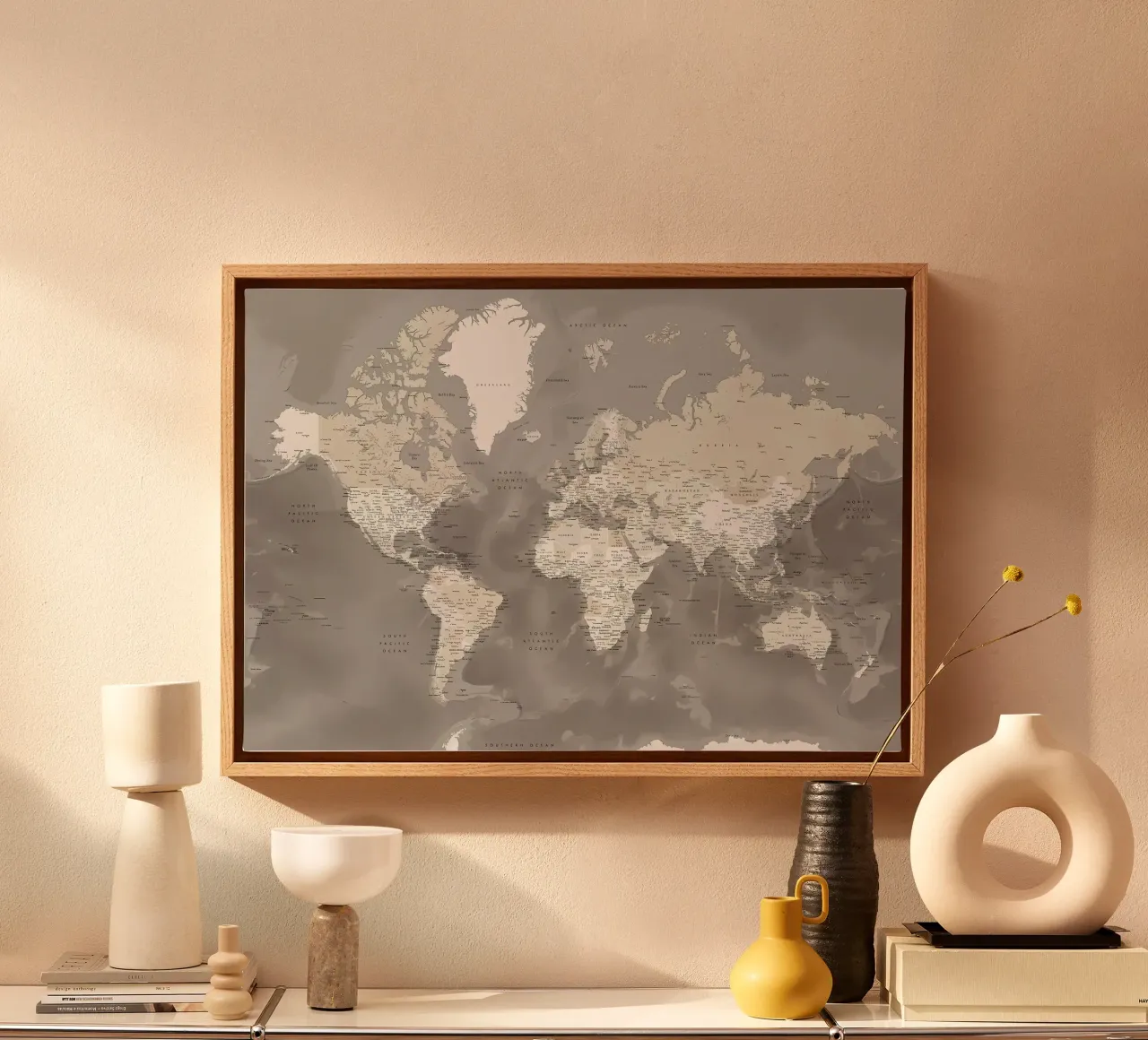 Davey detailed world map canvas with Floater frame by Aiden Garcia