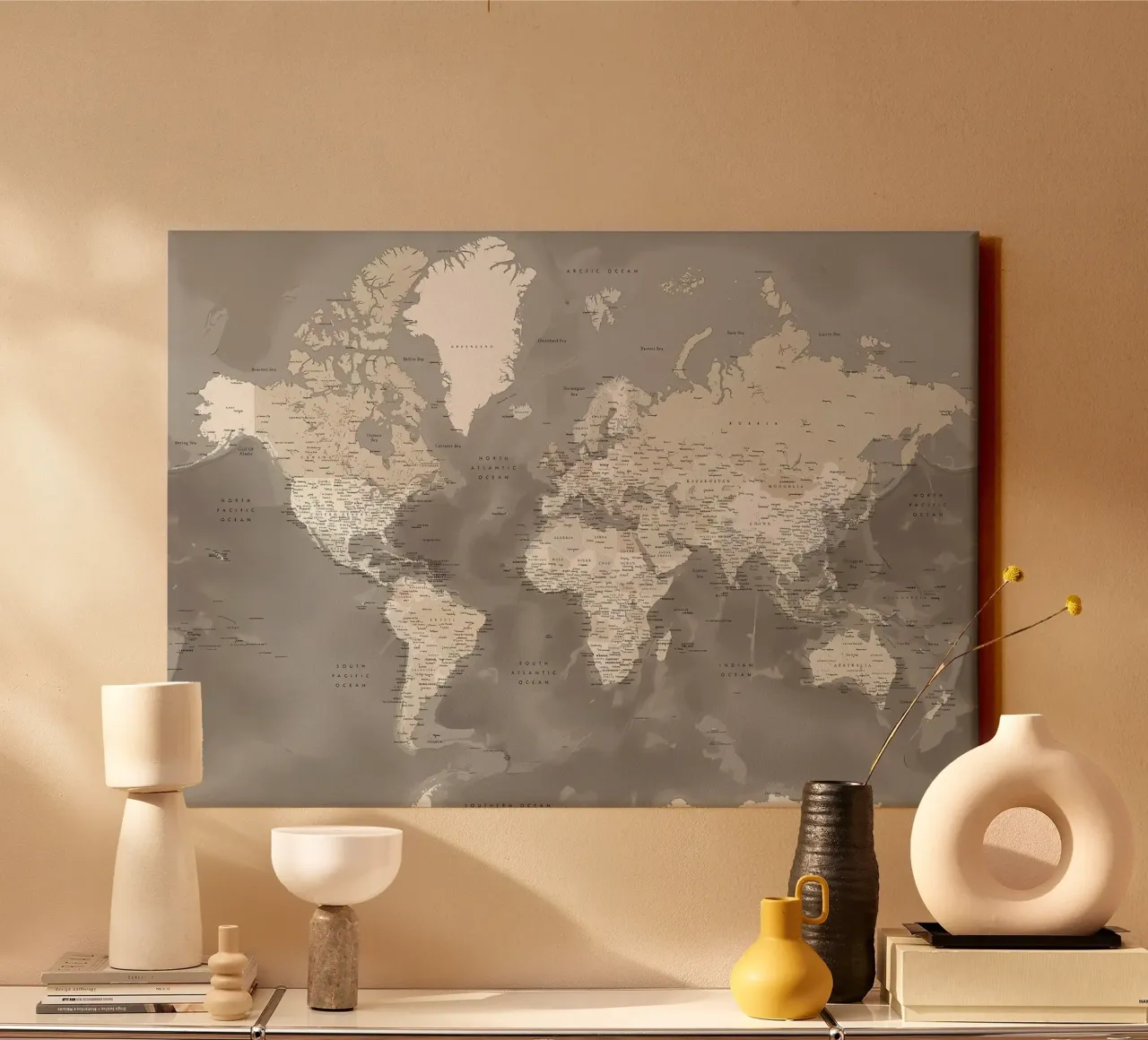 Davey detailed world map canvas with Floater frame by Aiden Garcia