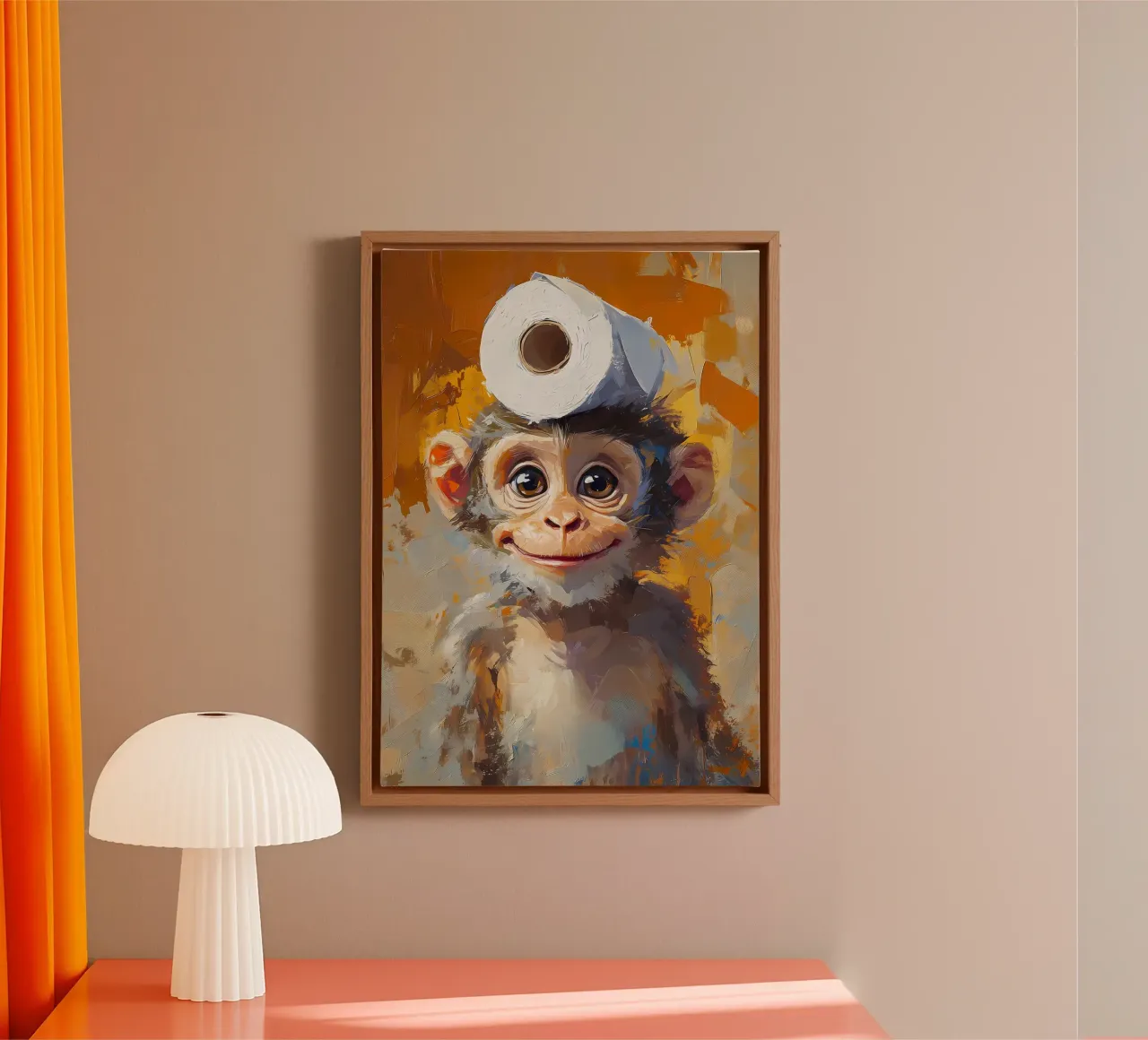 Aap met hoed van wc-papier canvas met Baklijst van Adrian Patel
