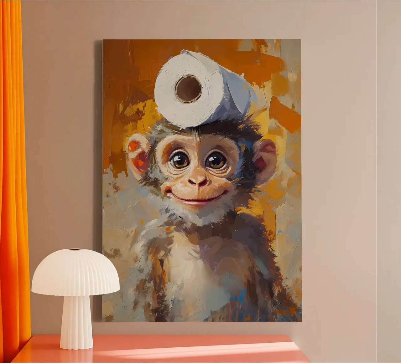 Aap met hoed van wc-papier canvas met Baklijst van Adrian Patel