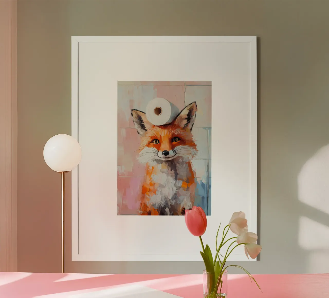 Volpe con carta igienica poster con telaio in legno da Adrian Patel