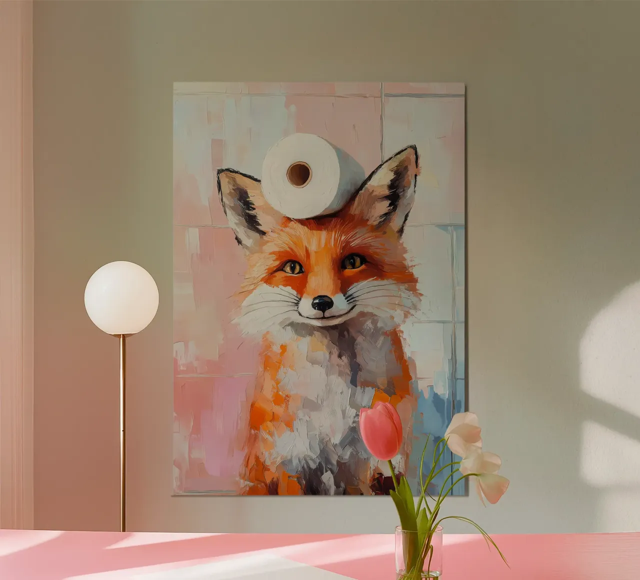 Volpe con carta igienica poster con telaio in legno da Adrian Patel