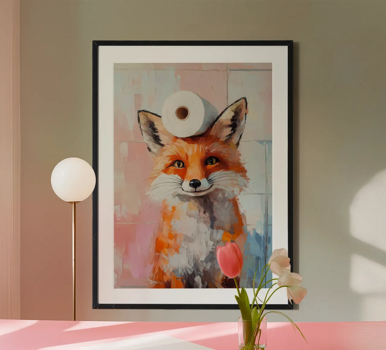 Volpe con carta igienica poster con telaio in legno da Adrian Patel