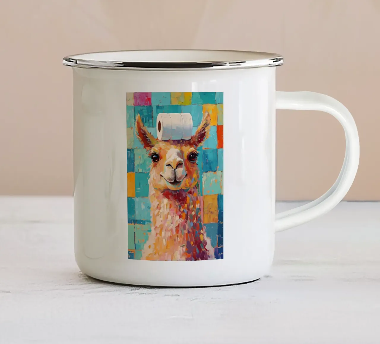 Lama con cappello di carta igienica tazza in smalto da Adrian Patel