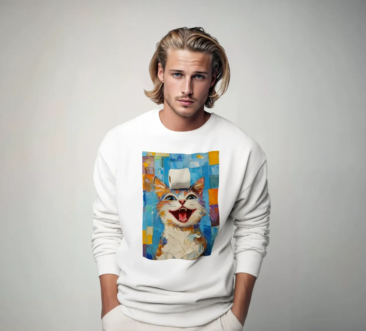 Lachende kat met wc-papier sweatshirt van Adrian Patel
