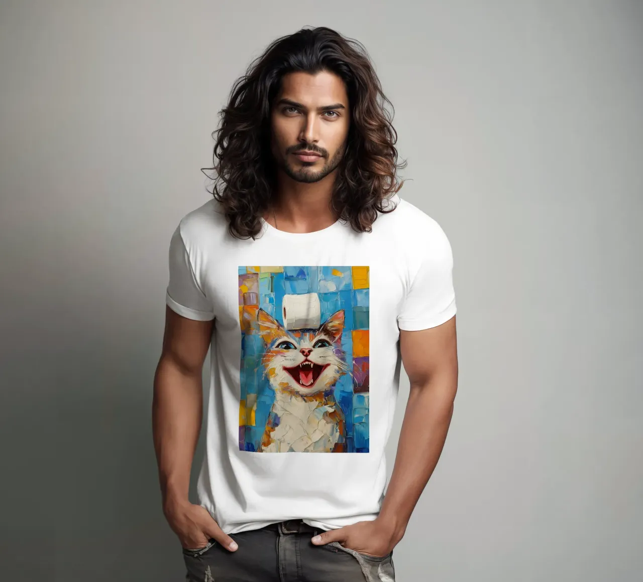 Laughing Cat with Toilet Paper t-shirt by Adrian Patel