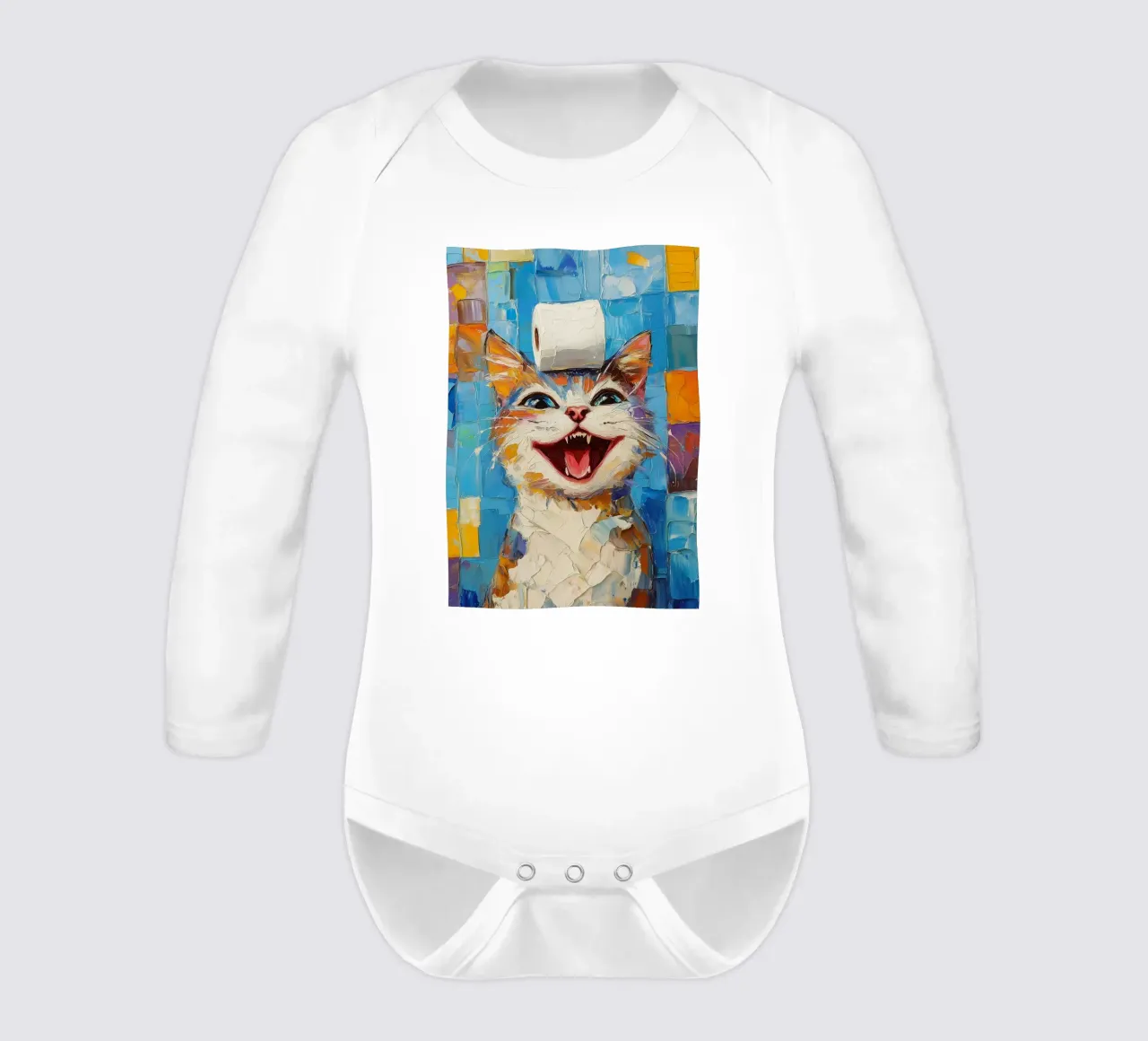 Laughing Cat with Toilet Paper long-sleeve baby romper by Adrian Patel