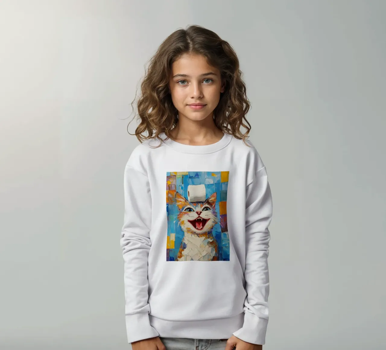 Lachende kat met wc-papier kinder sweatshirt van Adrian Patel