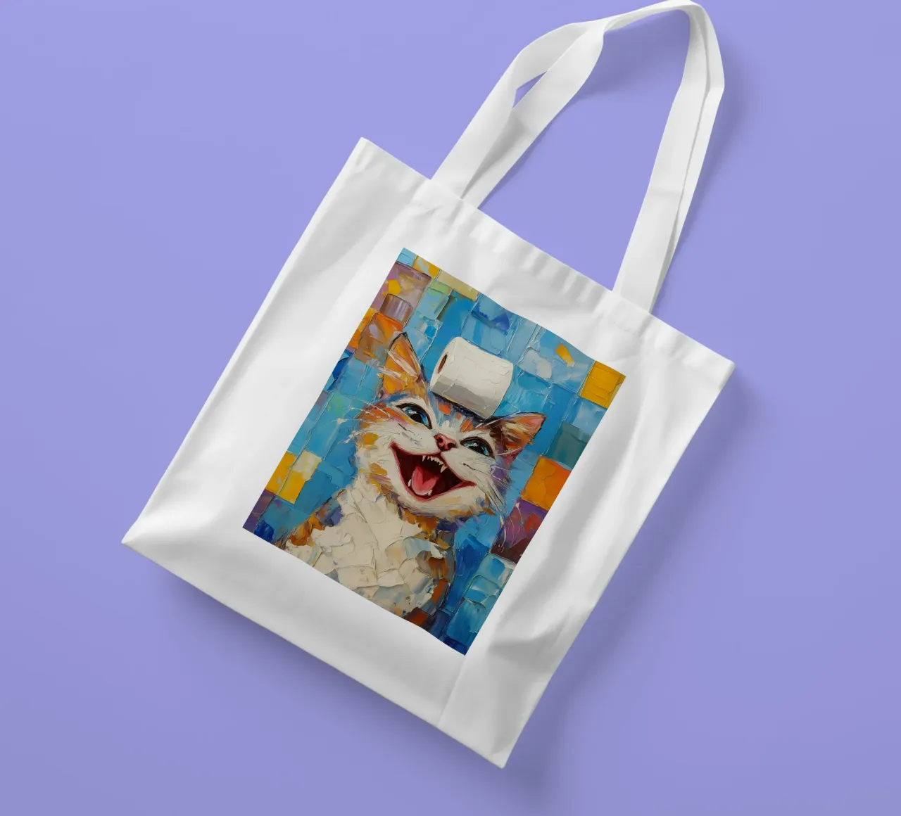 Laughing Cat with Toilet Paper tote bag by Adrian Patel