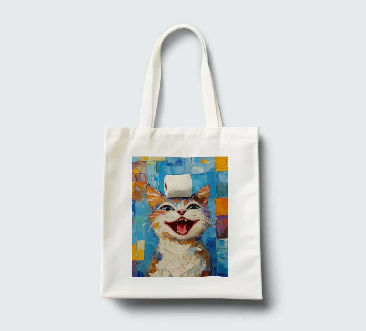 Laughing Cat with Toilet Paper tote bag by Adrian Patel