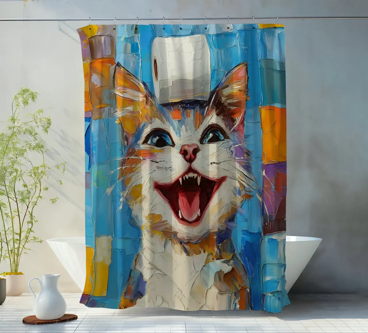Lachende kat met wc-papier douchegordijn van Adrian Patel