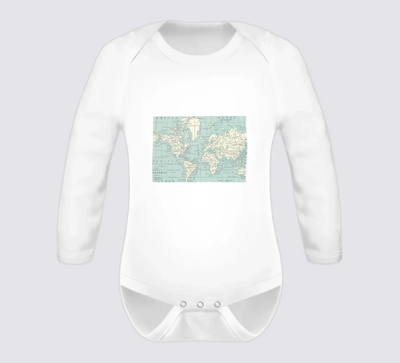 World Map in Blue and Cream long-sleeve baby romper by Aiden Garcia