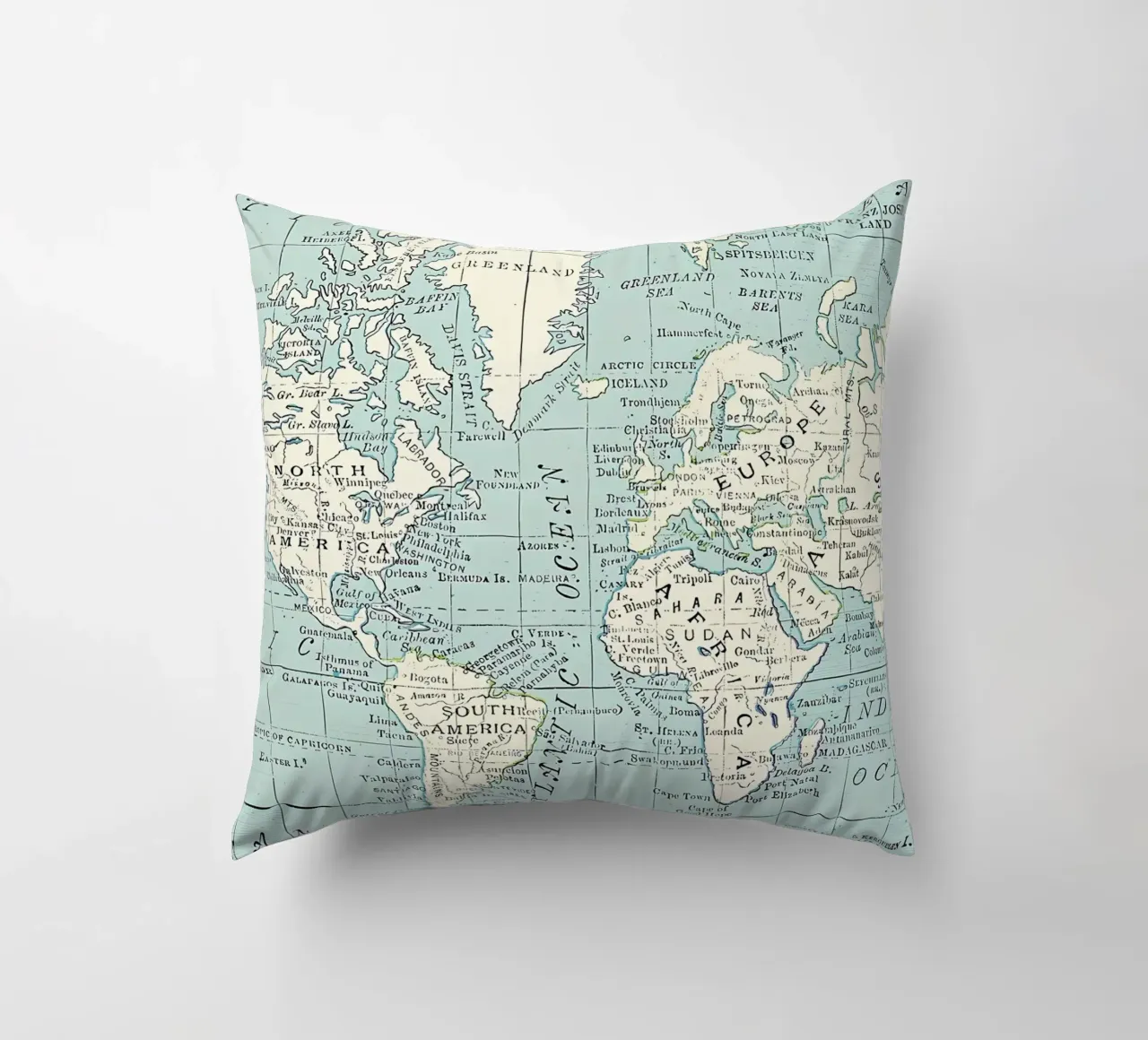 Mappa del mondo in blu e crema cuscino da Aiden Garcia