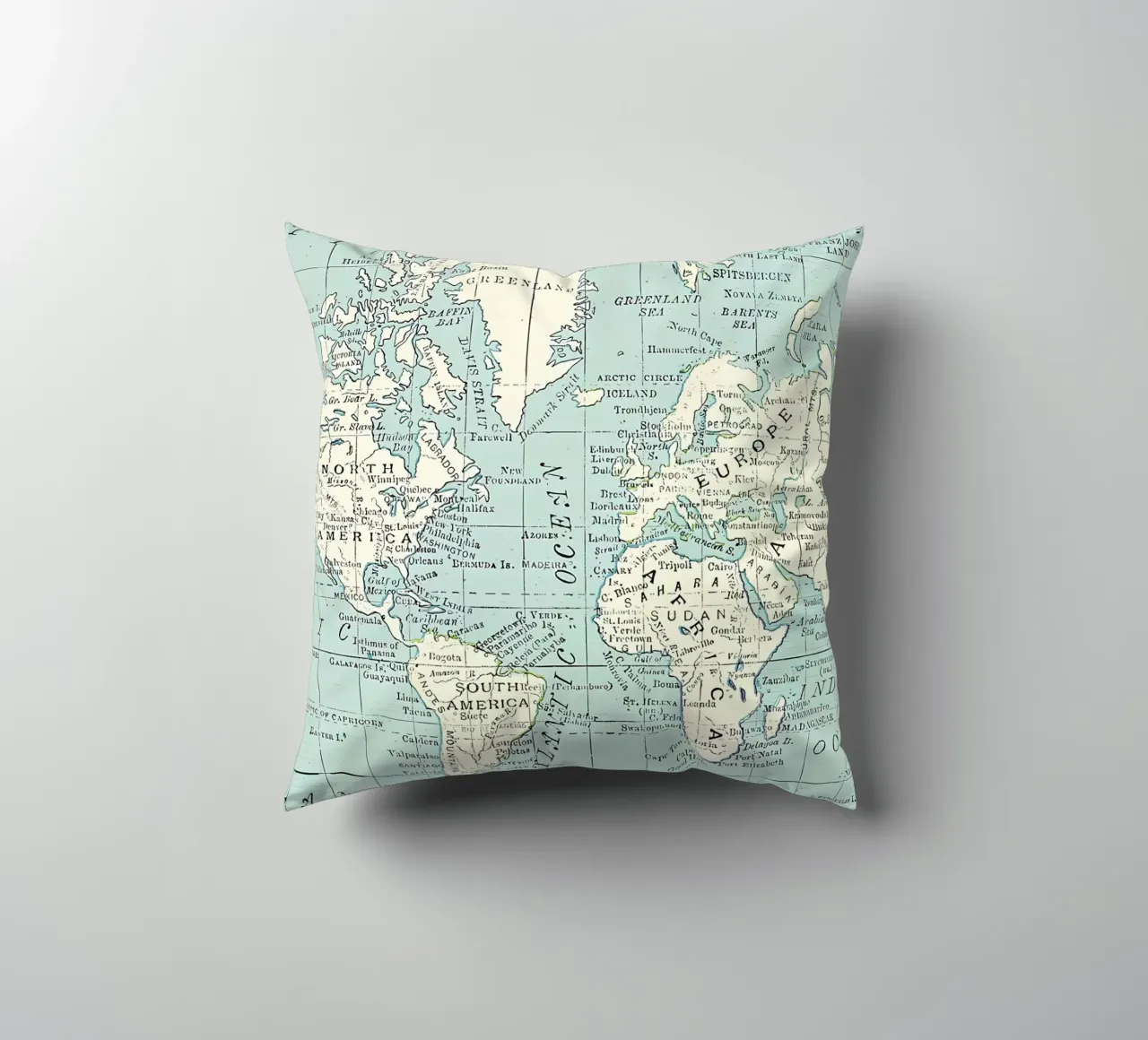Mappa del mondo in blu e crema cuscino da Aiden Garcia