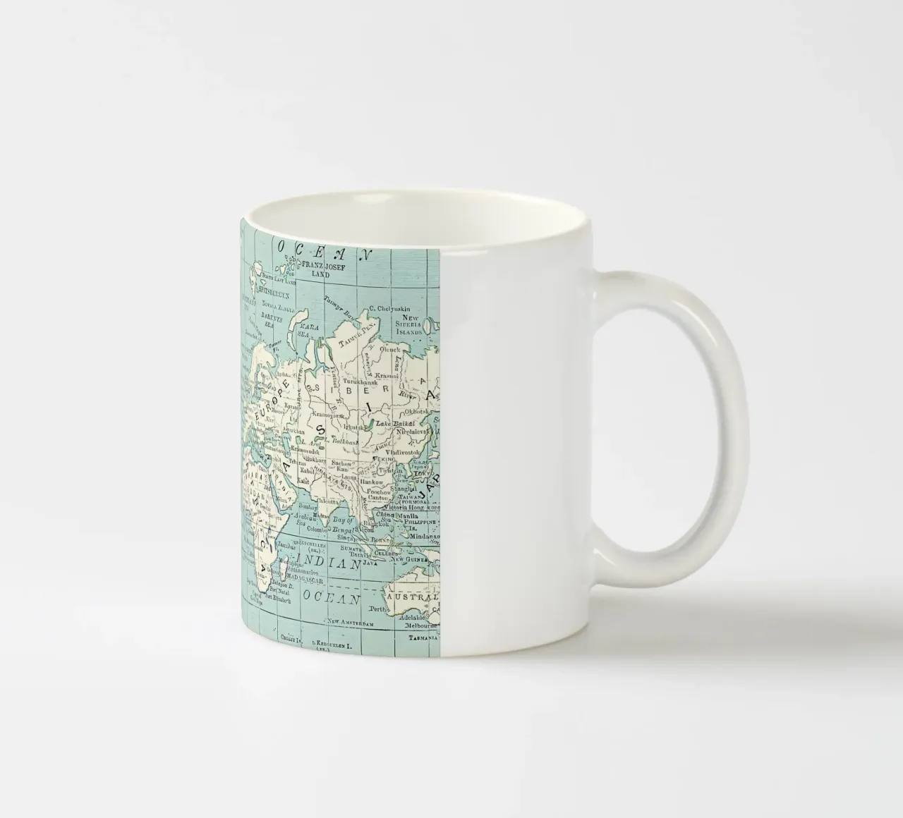 World Map in Blue and Cream ceramic mug by Aiden Garcia