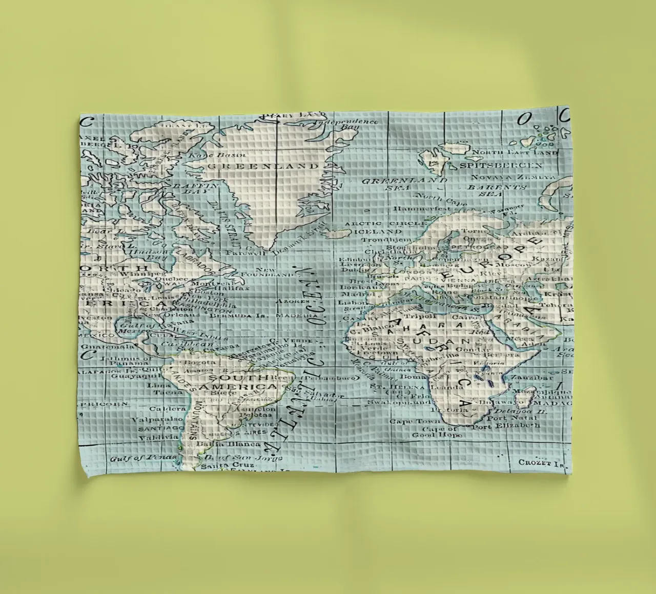 Mappa del mondo in blu e crema canovaccio da cucina da Aiden Garcia