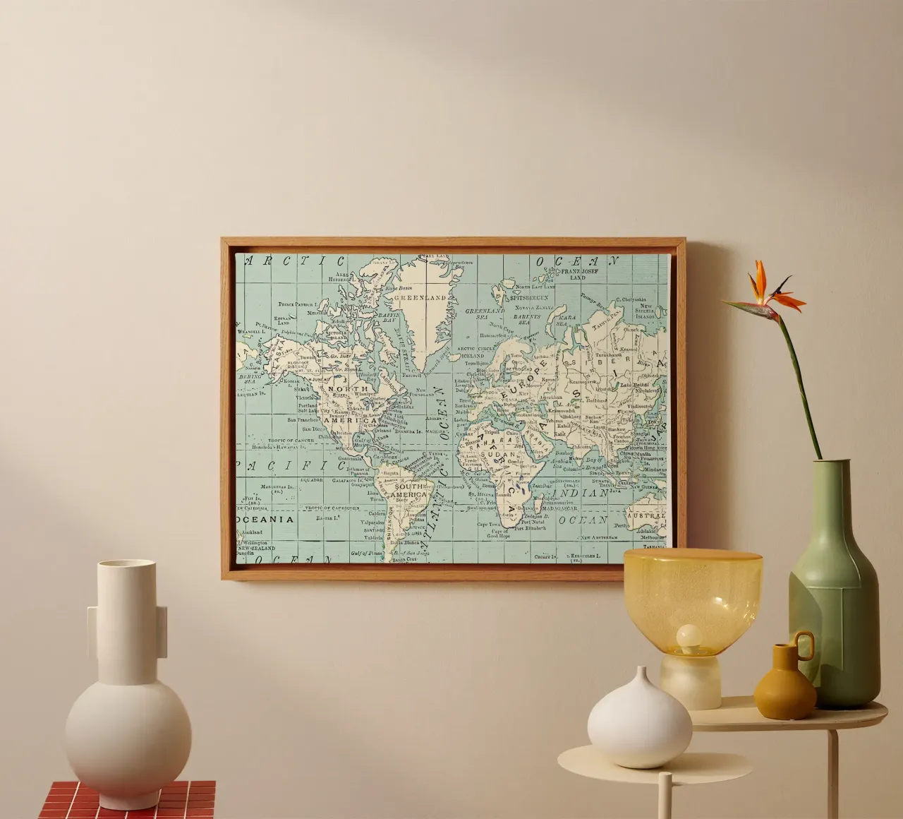 World Map in Blue and Cream canvas with Floater frame by Aiden Garcia
