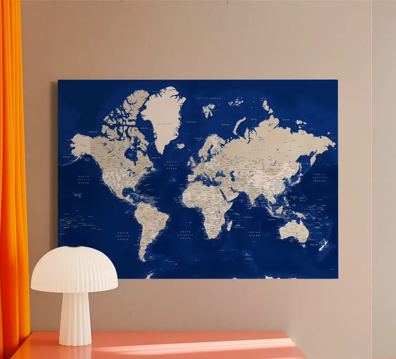 Gedetailleerde wereldkaart Kameryn canvas met Baklijst van Aiden Garcia