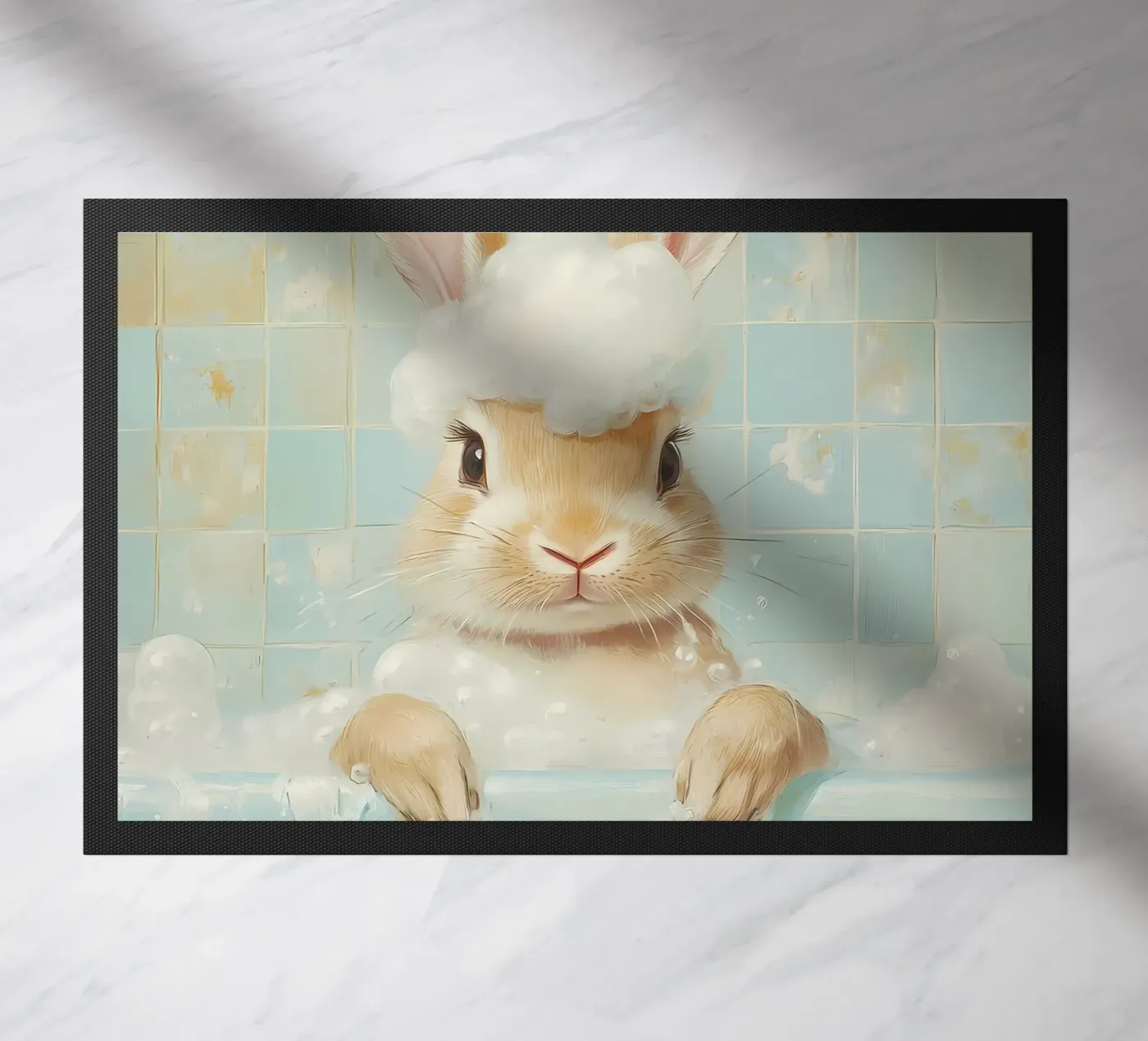 Bunny Bath Time doormat by Adrian Patel