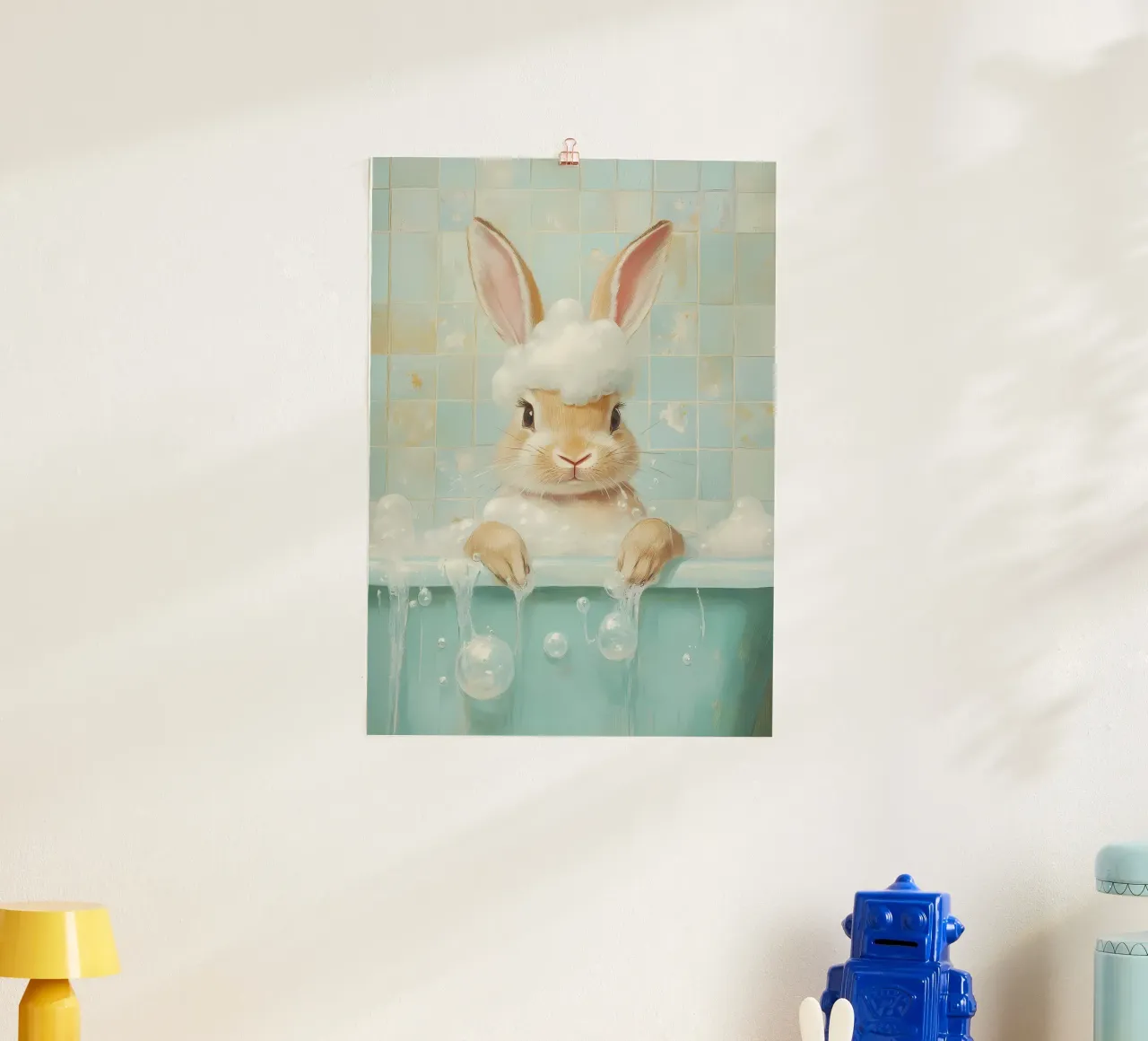 Bunny Badtijd poster met houten frame van Adrian Patel