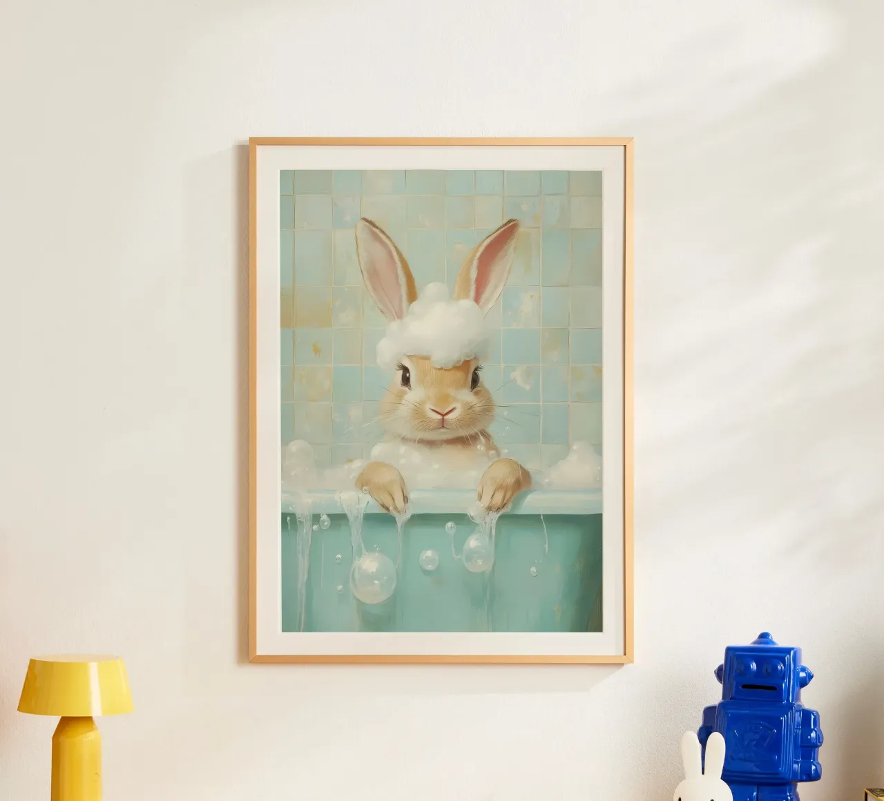 Bunny Badtijd poster met houten frame van Adrian Patel